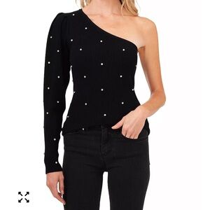 New CeCe Black One-Shoulder Sweater with Shimmer Crystal Accents